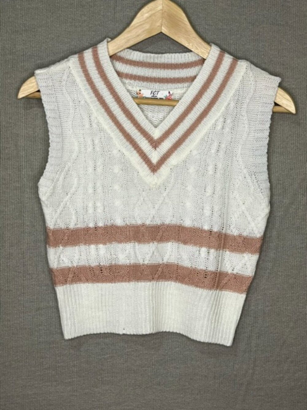 FCT with love Sweater Vest Sz Small Cream Blush Stripe Cable Knit Preppy V-Neck